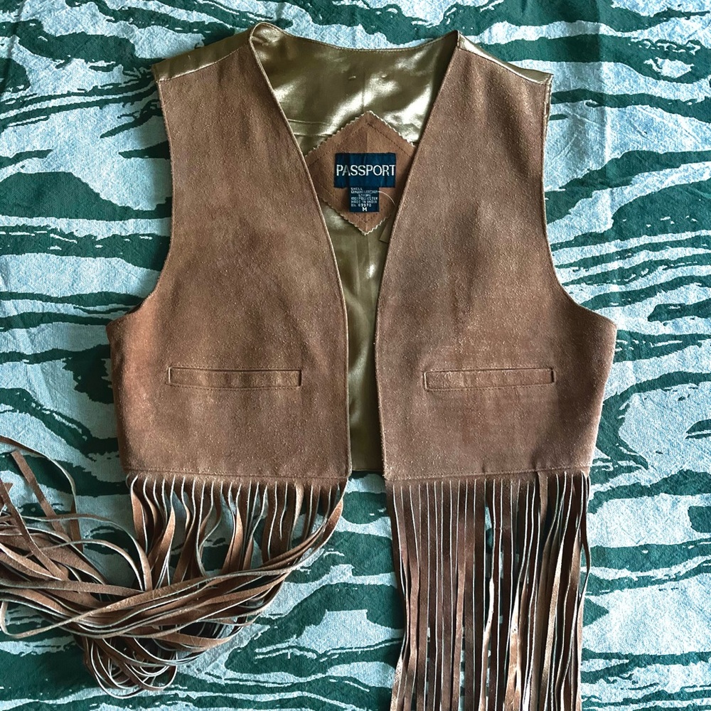 Vintage Passport Leather Brown Fringe Vest